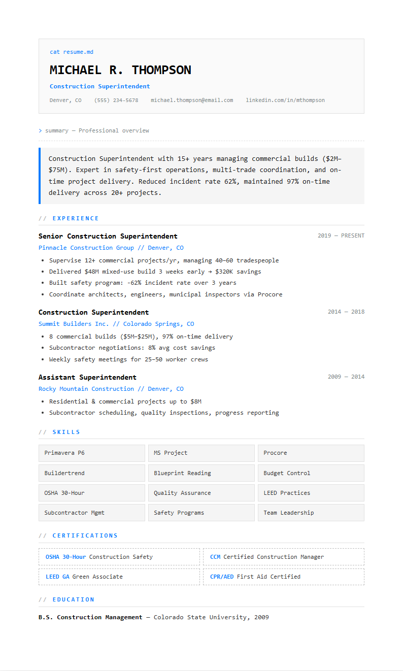 Clean technical construction superintendent resume